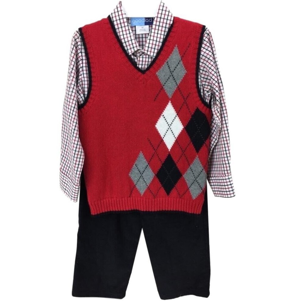 Boys Goodlad 3-Piece Argyle Sweater Vest Set Size 5/6 Red Plaid Shirt & Black Pa
